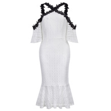 Kate Kasin Sexy Womens Demi-Manche Froid-Épaules Hips Wrapped Mermaid White Lace Dress KK000683-1